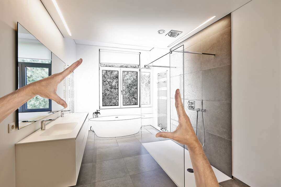 Planned renovation of a Luxury modern bathroom Bathtub in corian Faucet and shower in tiled bathroom with windows towards garden