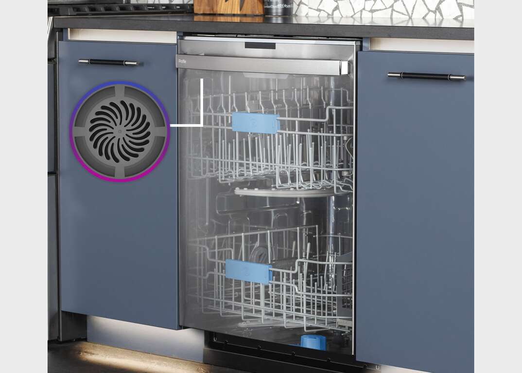 A photo illustration shows the inner workings of a GE brand Profile smart dishwasher