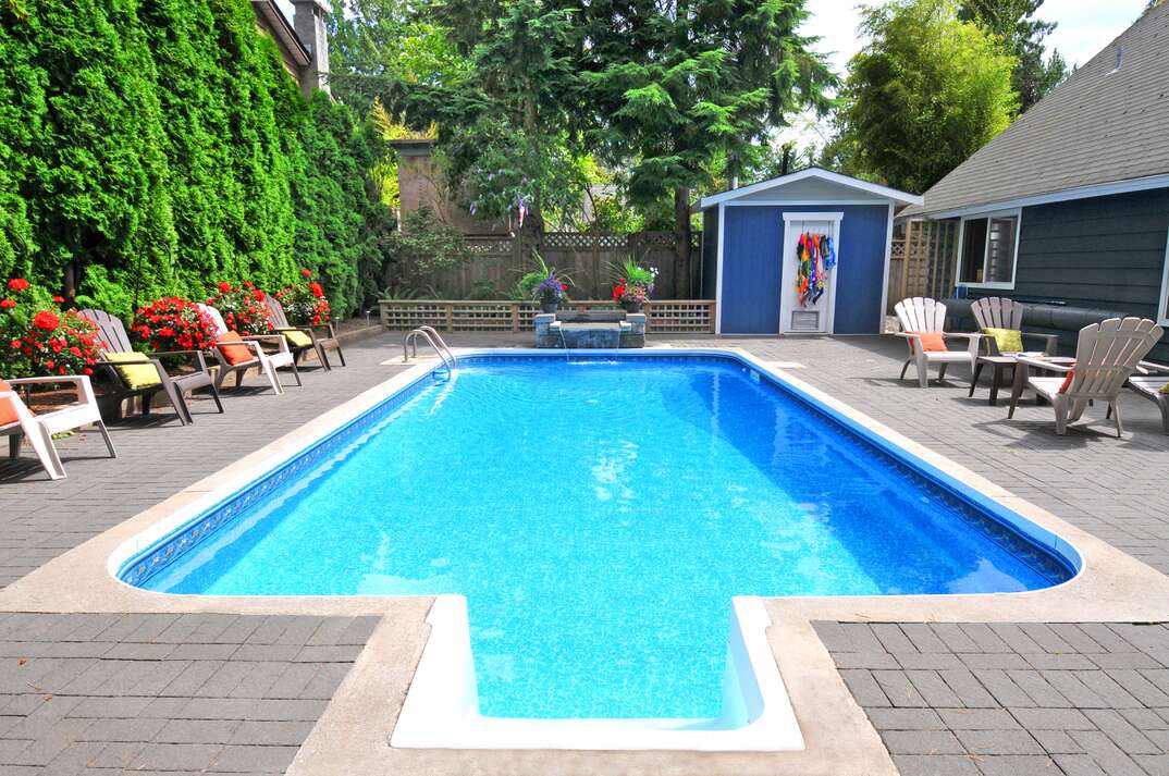 concrete and stone in-ground pool in well landscaped back yard