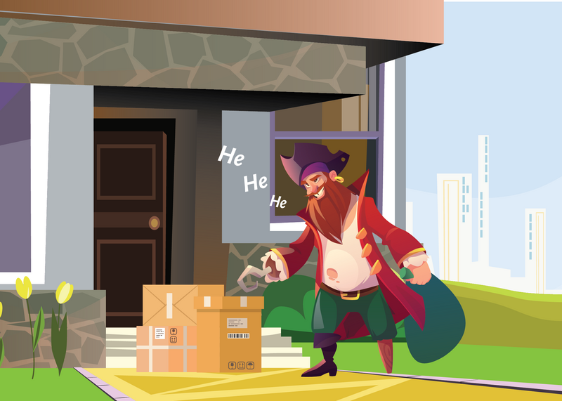 In this illustration a pirate in full pirate reglia is seen sneaking up to the front of a contemporary residential home with the apparent intention of stealing the packages sitting on the front porch, front porch, porch, front door, door, pirate, porch pirate, holidays, holiday gifts, Christmas, Christmas gifts, presents, Christmas presents, buccaneer, criminal, crime, burglary, stealing, steal, front lawn, grass, lawn, residential, front sidewalk, sidewalk, graphic, illustration, house, home