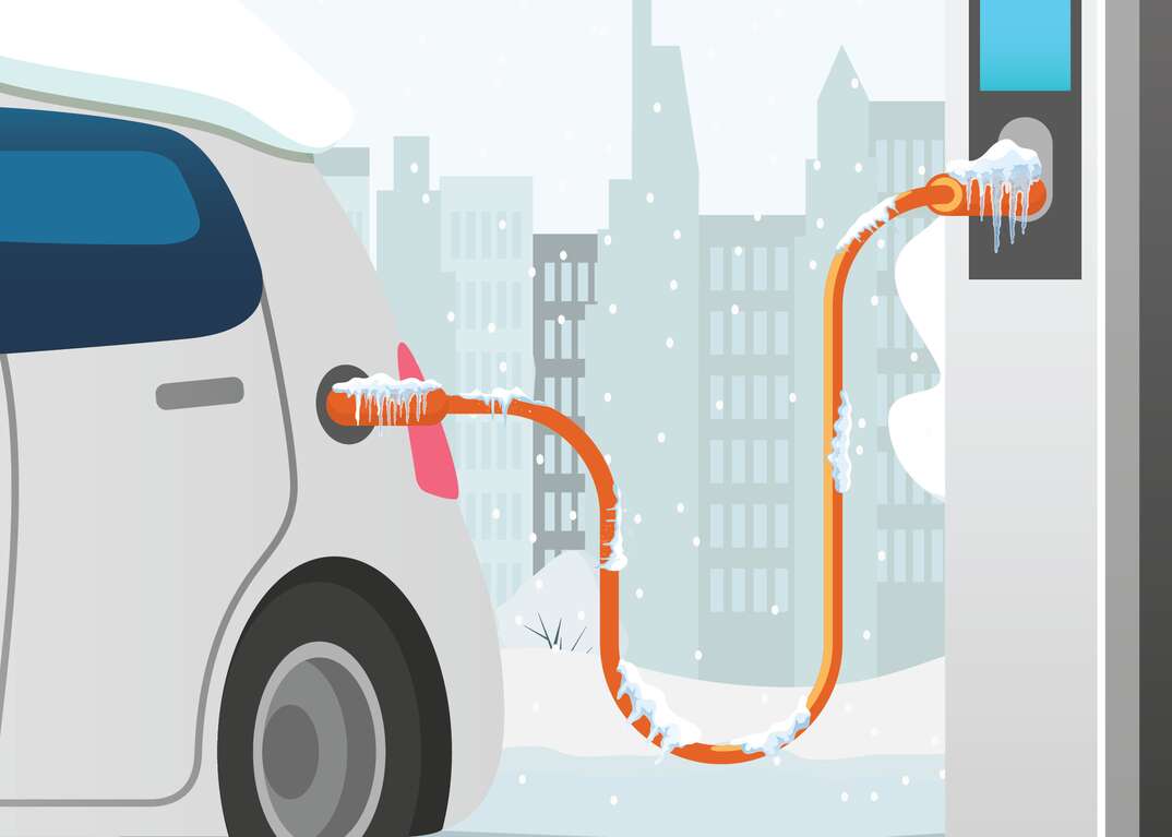 Illustration of a white electric car plugged in and charging in the snow