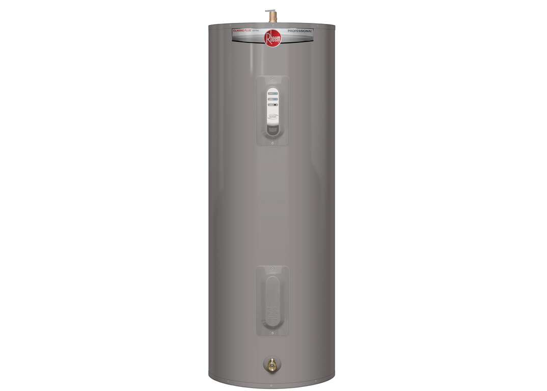 A gray Rheem brand self cleaning water heater sits against a white background