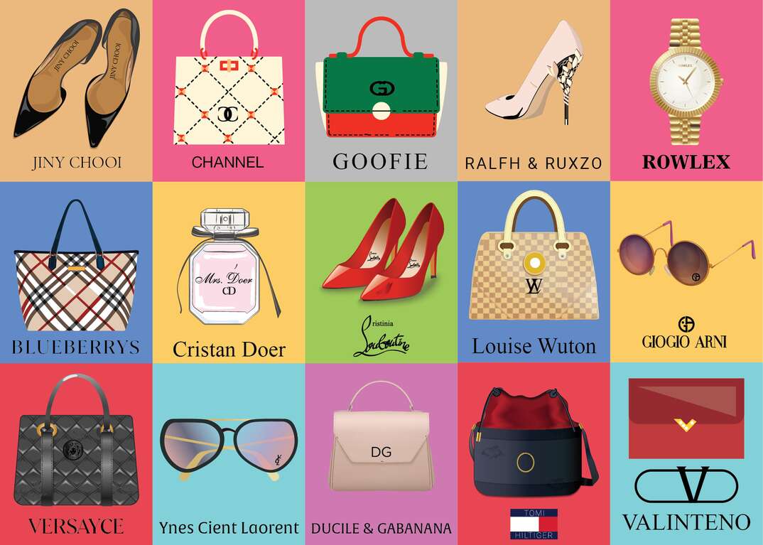 grid of various luxury accessories showing damage and incorrect brand names