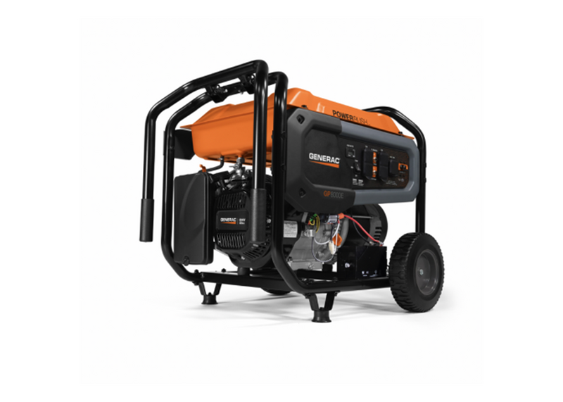 Generator, orange and black, orange, black, handle, wheels, white background, portable generator