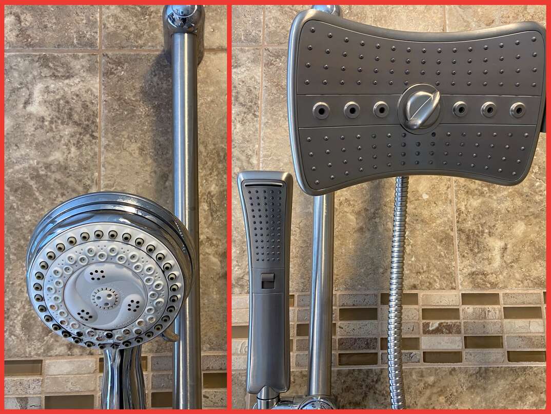 side by side  before and after  photo of an old shower head and its new replacement 