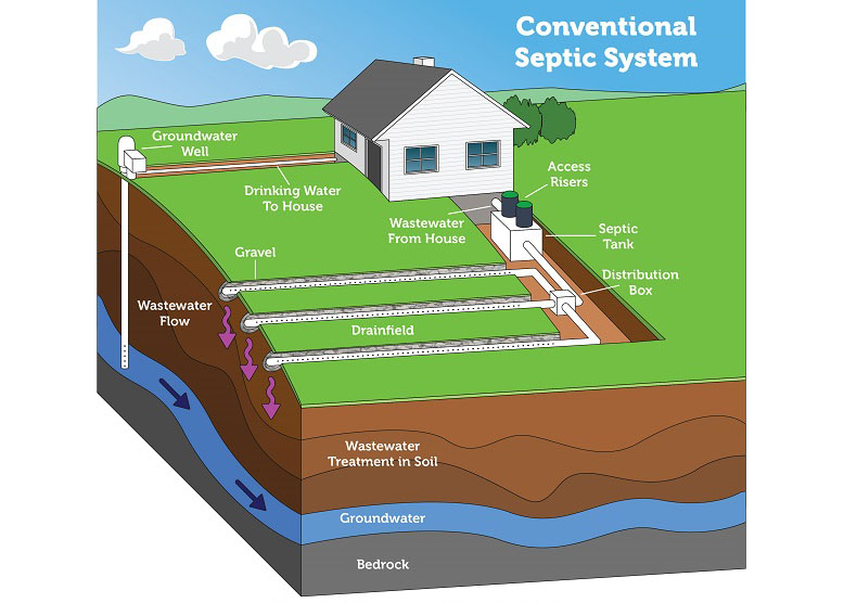 An infographic shows where the septic system leach field or drainfield is located in relation to a White House that sits on a green lawn against a blue sky with white clouds
