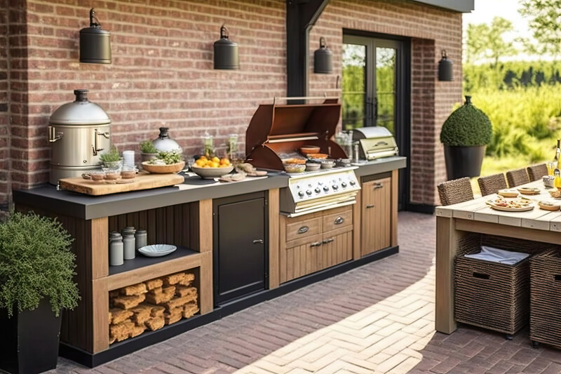 An outdoor kitchen area provides cooking space on the brick back patio of a red brick house with abundant greenery and landscaping in the background, outdoor kitchen, kitchen, outdoor, back patio, patio, grill, barbecue grill, firewood, countertop, cooking area, landscaping