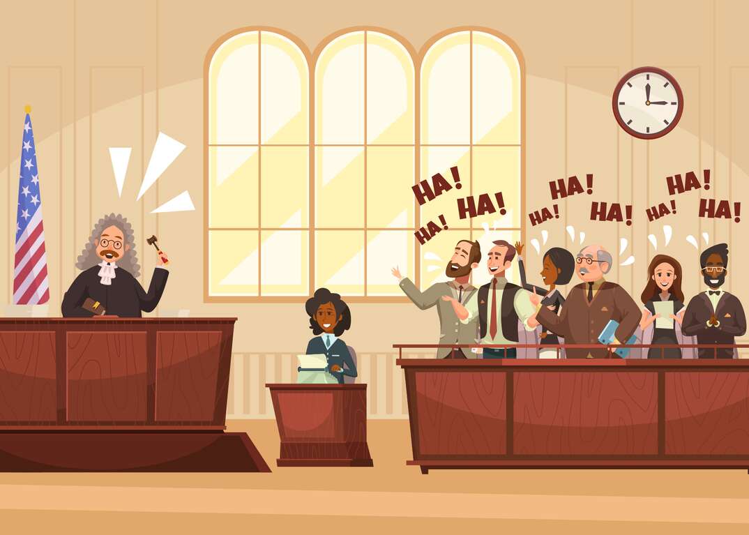 Illustration of a judge telling jokes to a laughing jury