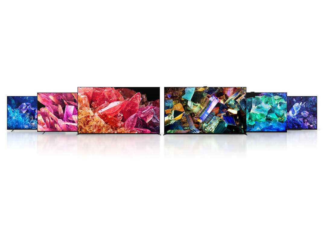 Six different models of Sony Bravia XR TVs are displayed against a white background