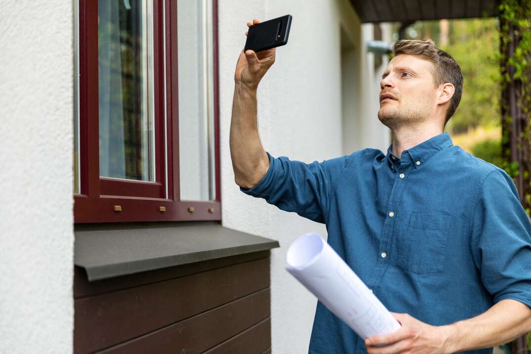 Male real estate appraiser in a blue shirt taking pictures of property with an iphone