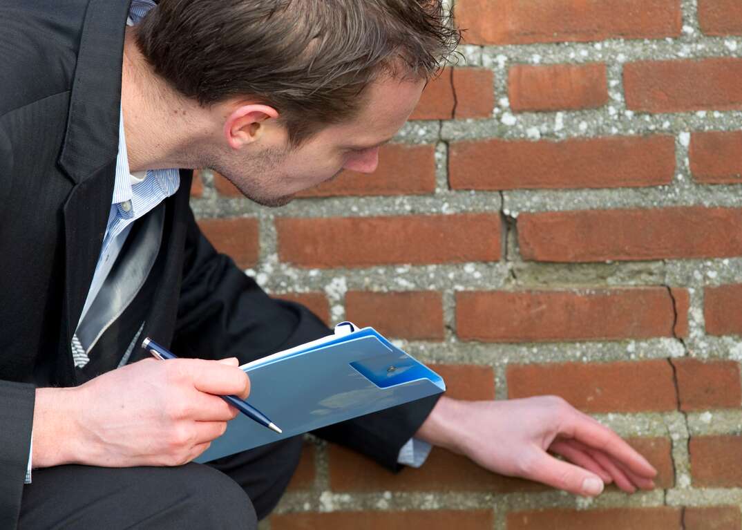 Insurance adjuster inspects earthquake damage to building