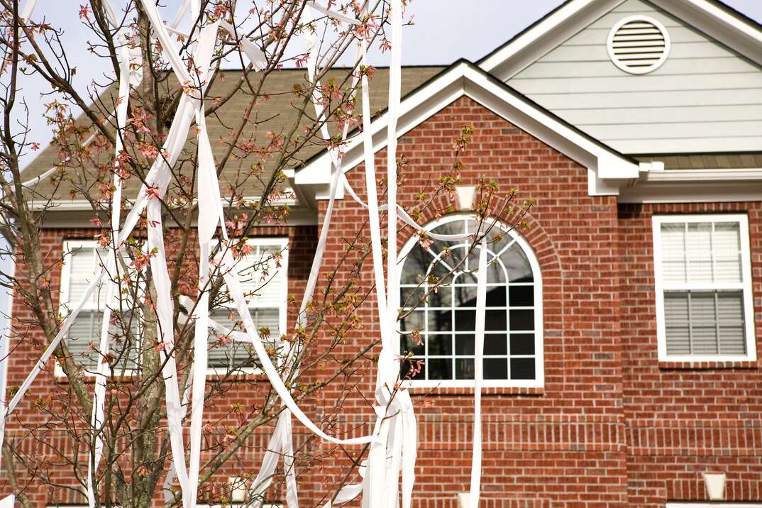 large brick house with trees toilet papered in the front lawn