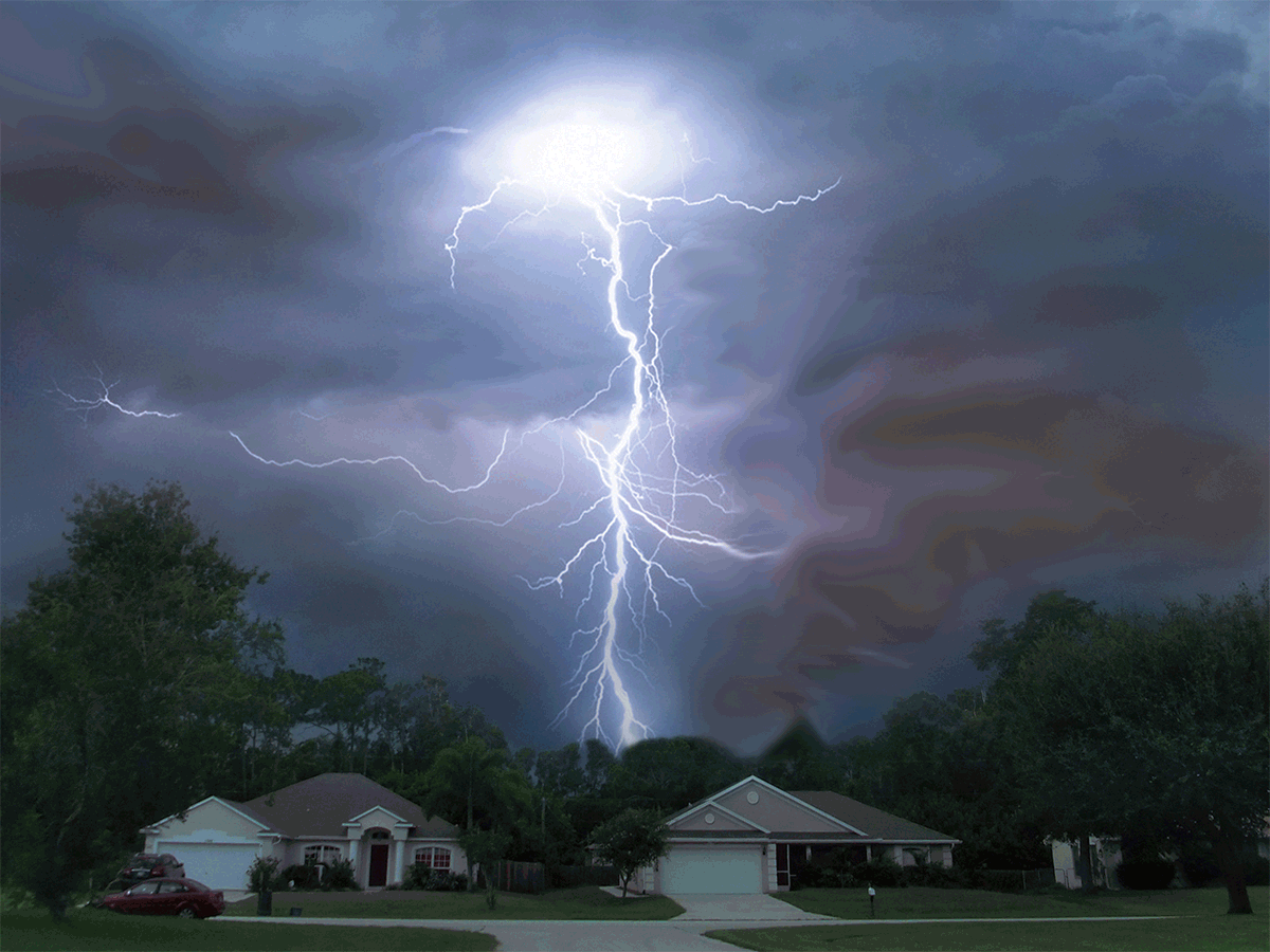 animation of a lightening strike hitting a suburban home