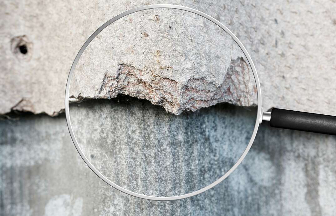 Old and very dangerous asbestos roof. Asbestos dust in the environment. Health problems. View through magnifying glass