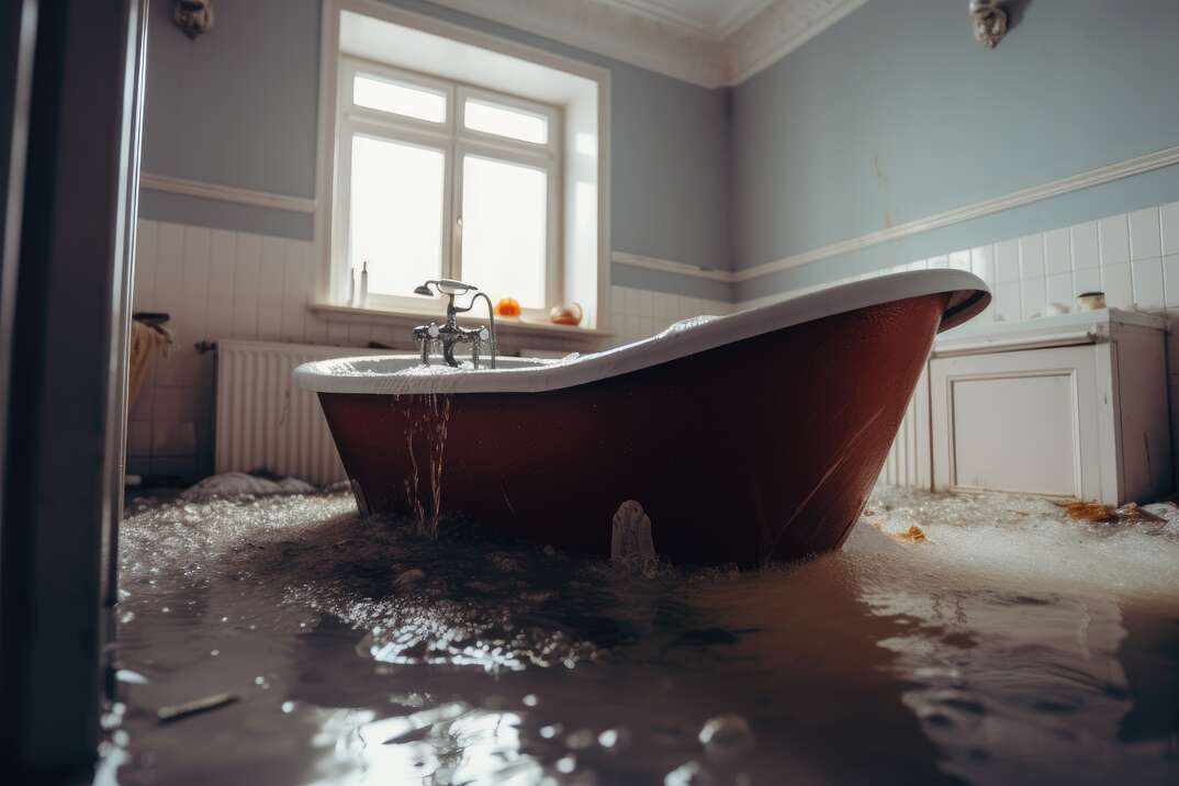 An old style clawfoot bathtub in a well lit tiled bathroom is overflowing with water and the water is spilling over onto the floor and flooding the floor of the room, clawfoot bathtub, clawfoot, bathtub, bath, tub, bathroom, restroom, overflow, overflowing, flood, flooding, flooded, natural light, window, well-lit, tile
