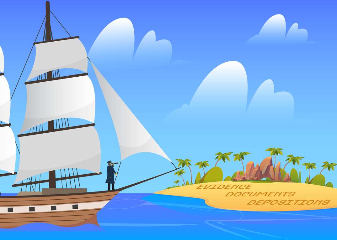 illustration of a ship coming upon an island that reads evidence depositions and documents