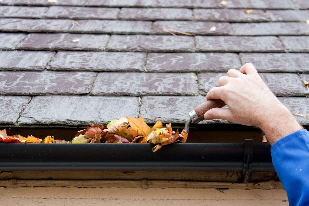 man cleaning out leaves from gutters