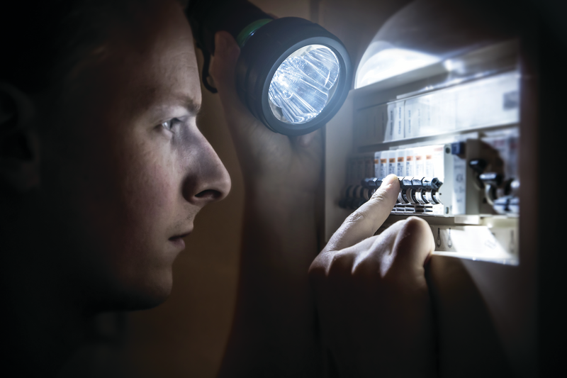 electrician looking at panel with flashlight