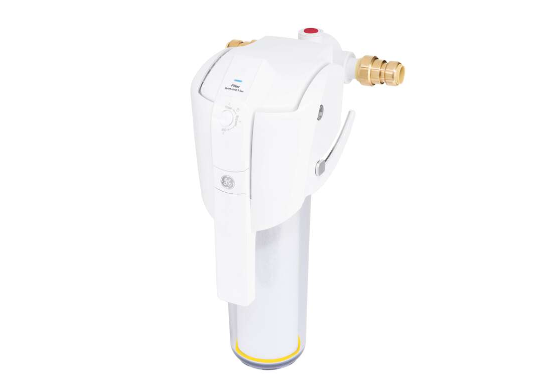 A white GE brand smart whole house water filtration system sits against a white background