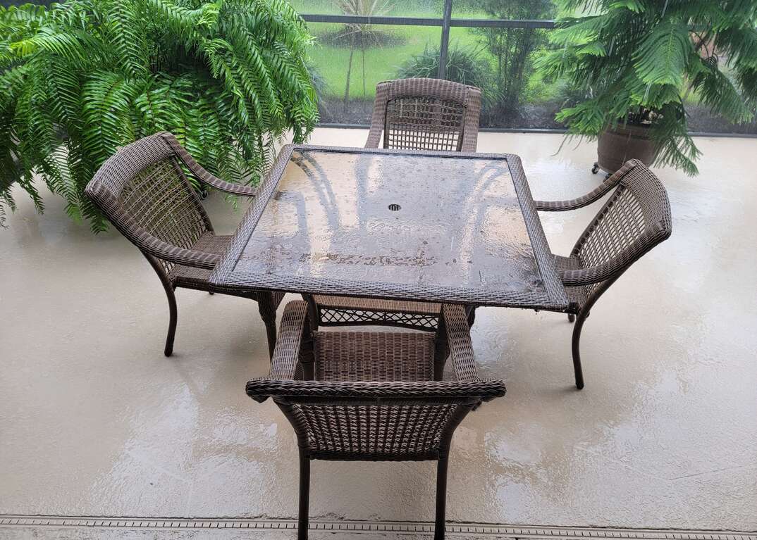 Outdoor patio furniture on a rainy day