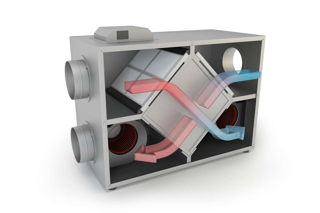 An energy recovery ventilation system illustration is set against a white background showing the exchange of cold air to warm air and warm air to cold air in the form of red and blue arrows entering round portals in a large rectangular casing crossing over one another in an X formation and exiting through portals on the opposite side, energy recovery ventilation system, ventilation, energy recovery, HVAC, air conditioning, AC, heat, heater, home heating, climate control, white background