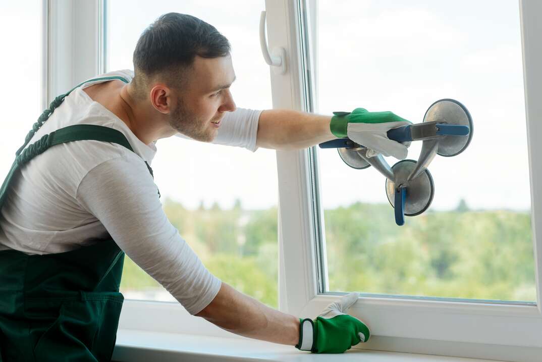 Man is replacing glass in window using a vacuum lifter