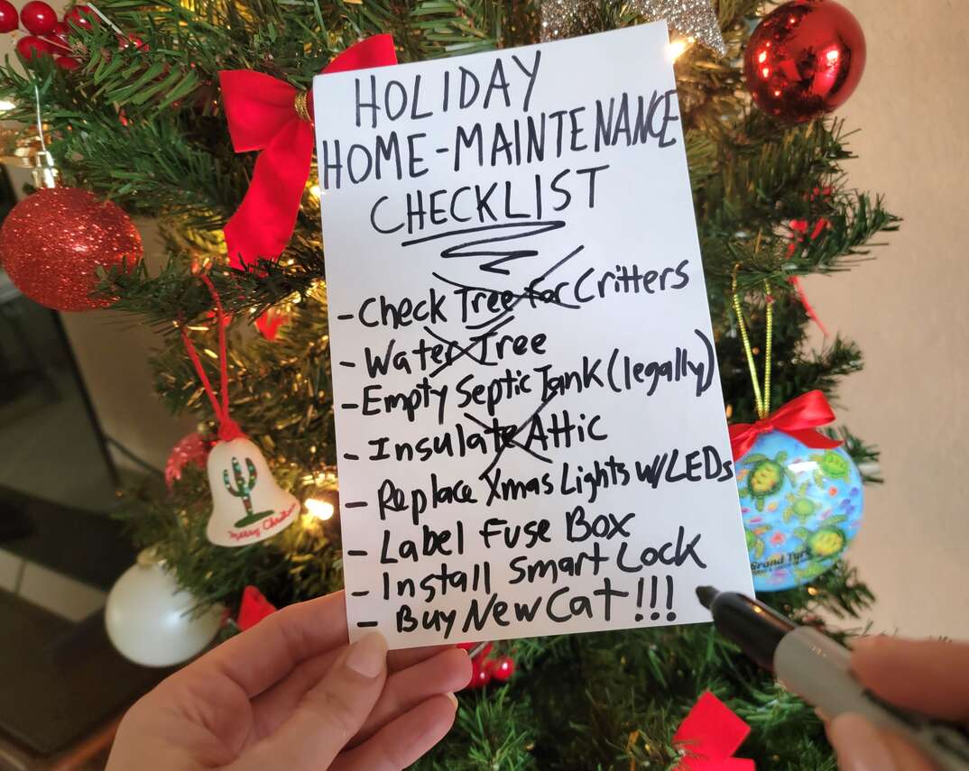 The hands of a woman hold a Sharpie marker in one and a paper list labeled Holiday Home Maintenance Checklist in the other as she evidently checks off the tasks she has completed while standing in front of a tree decorated for the holidays