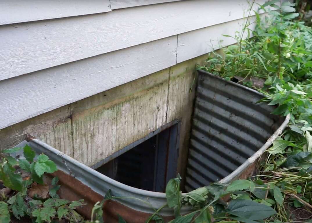 A window well leading to the basement egress window of a house