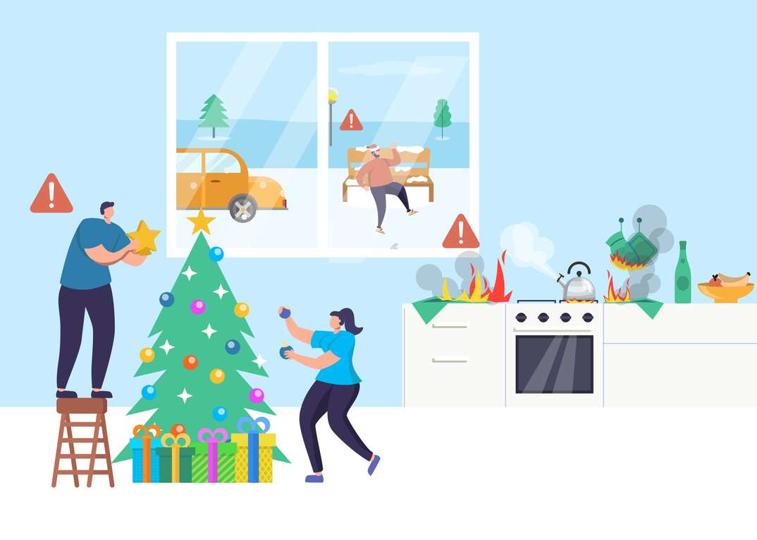 Illustration of people decorating a Christmas tree with a kitchen fire