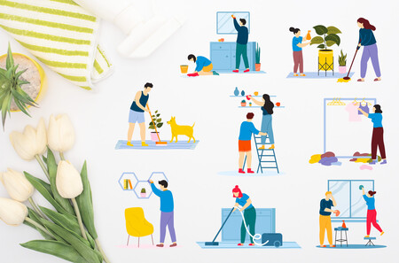 illustration of people doing different cleaning activities like dusting