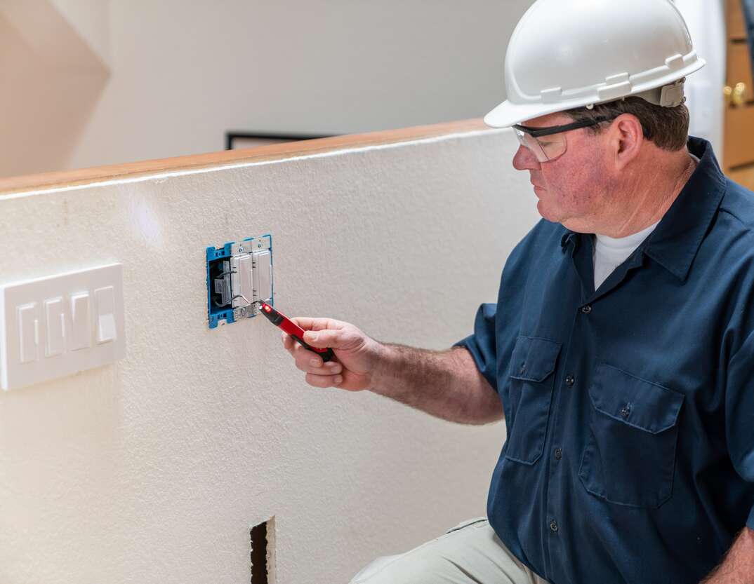 Electrician, in a blue shirt and hard hat, using a voltage detector before installing an outlet 