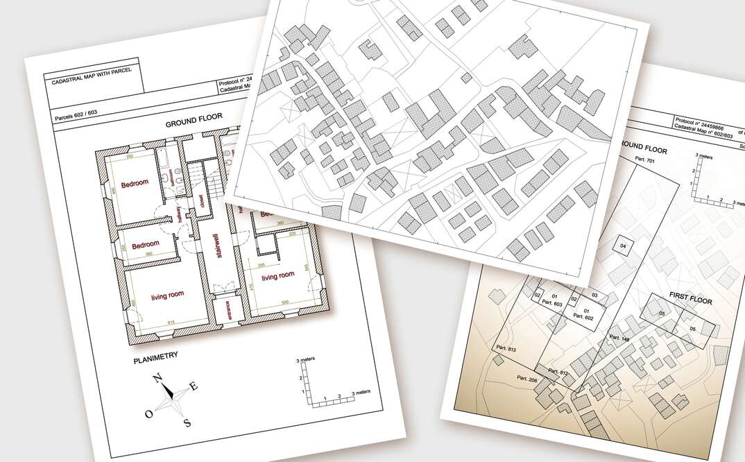 Updating public cadastral digital databases and information about land registry - concept image with an imaginary cadastral map of territory with buildings