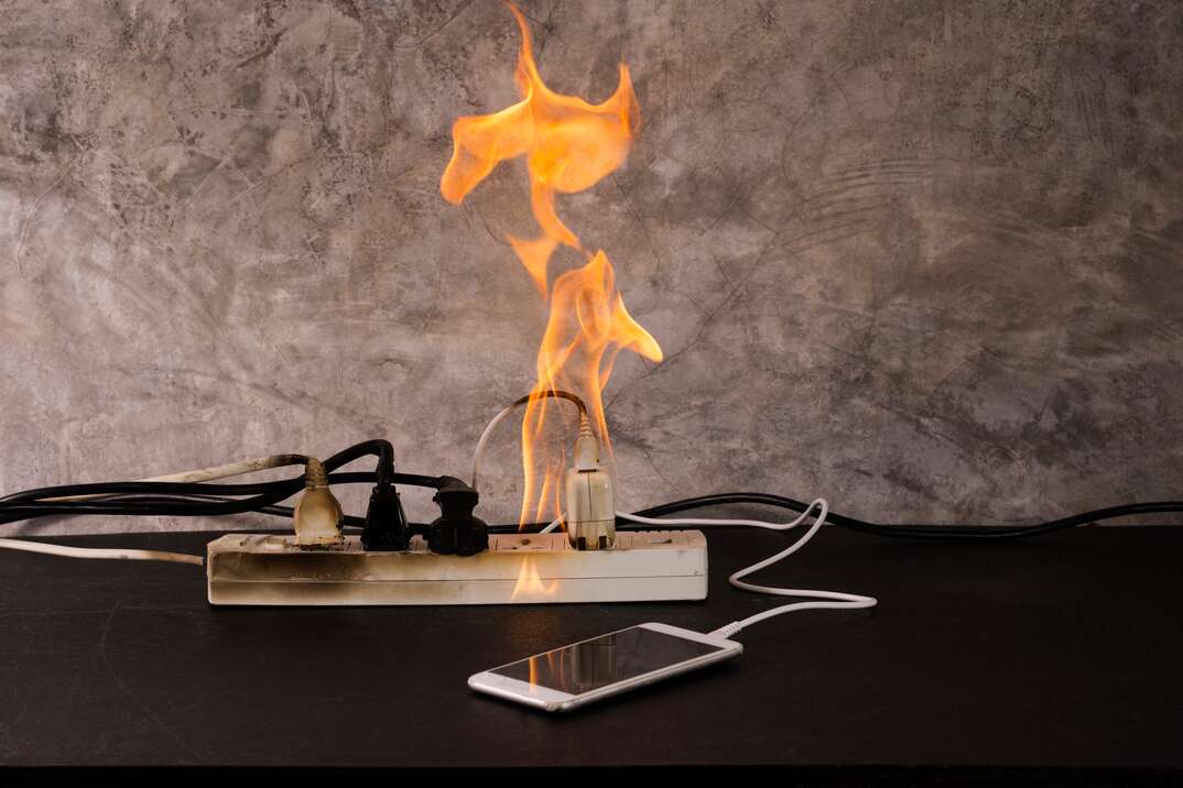 A power strip overloaded with electrical cords and a smartphone plugged into it is on fire with a tall yellow flame emitting upward from the floor on which the device sits, flame, fire, on fire, flaming, blaze, electric fire, electrical fire, power strip, power cord, extension cord, cord, wires, wiring, electric, electrical, electricity, overloaded, phone, cell phone, cellular phone, smartphone, iPhone