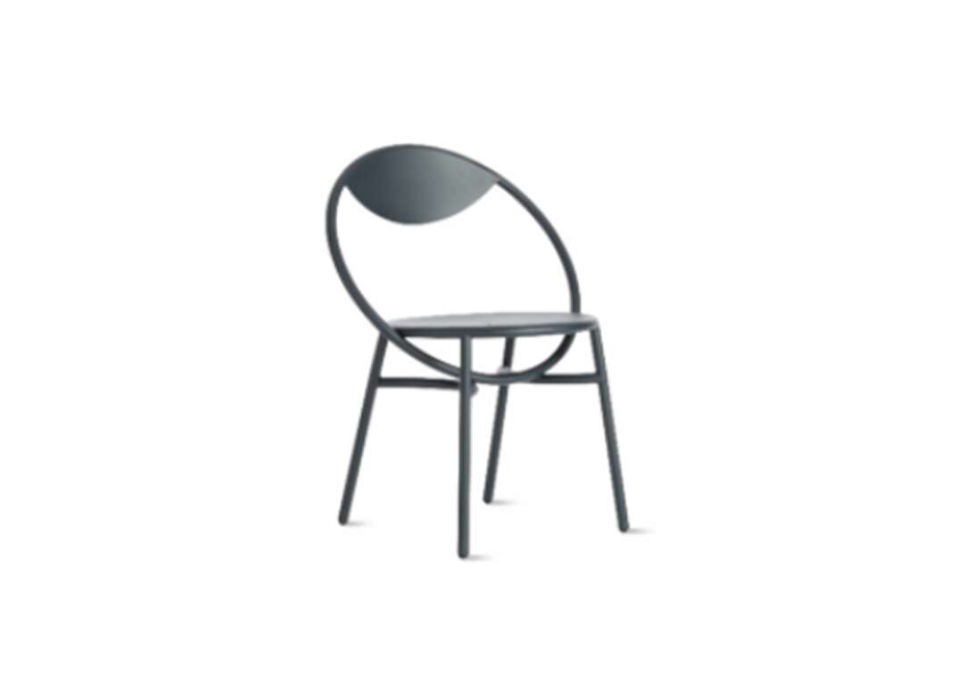 Black circular metal chair on a white background.