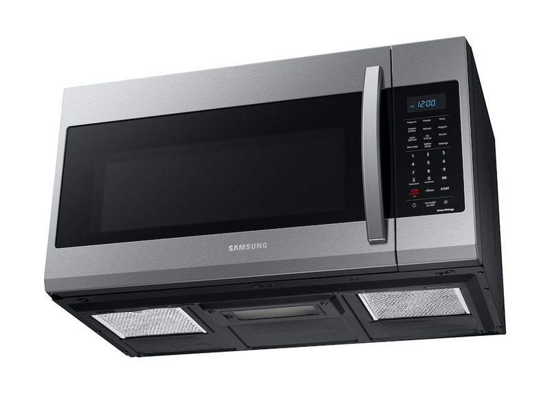Stainless-steel over-the-range microwave with a black window and black control panel against a white background.