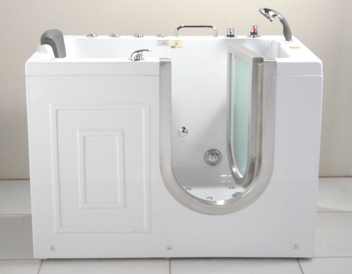 A white walk-in bathtub with the access door open is displayed in a white bathroom