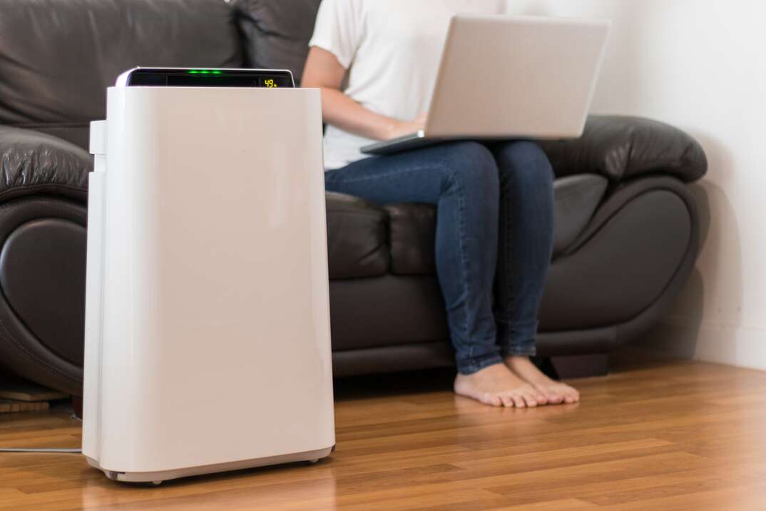 A woman working with a laptop on her black leather couch while a white air purifier runs in the foreground