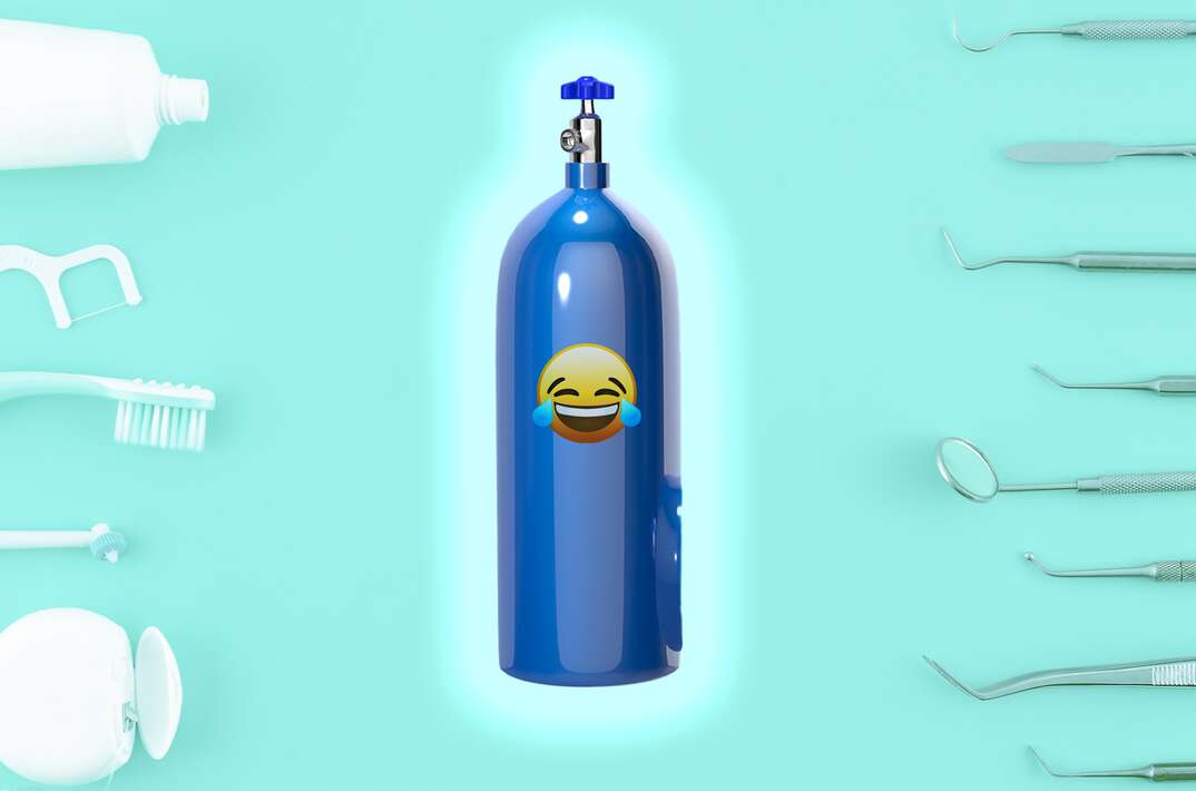 surrounded by dental tools Gas container with a laughing emoji on it