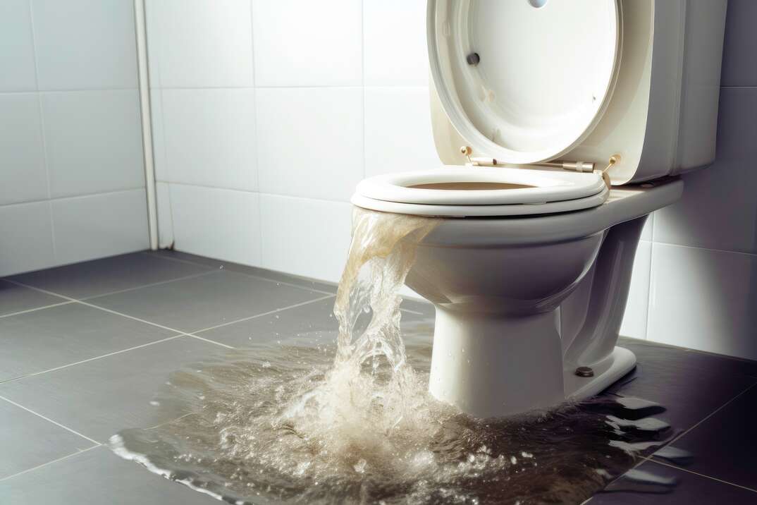 Water overflows ot of a white porcelain toilet and onto a dark colored tile floor in a residential bathroom with white walls, overflow, overflowing, overflowing toilet, toilet, commode, water, flood, flooding, tile floor, granite tile floor, white walls, restroom, toilet seat, plumbing, plumber