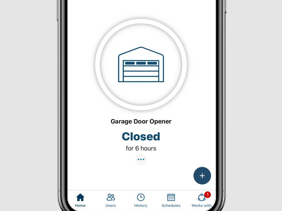 Simulated image of a smart garage door app being used on an iPhone