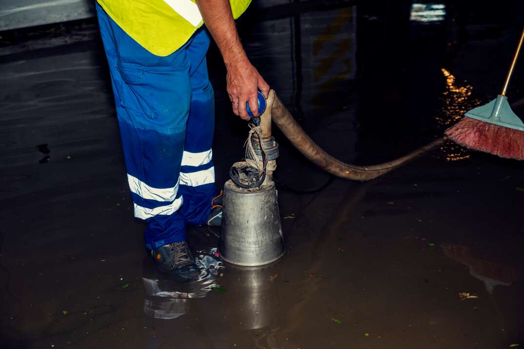 person stands ankle deep in water while submerging a sump pump