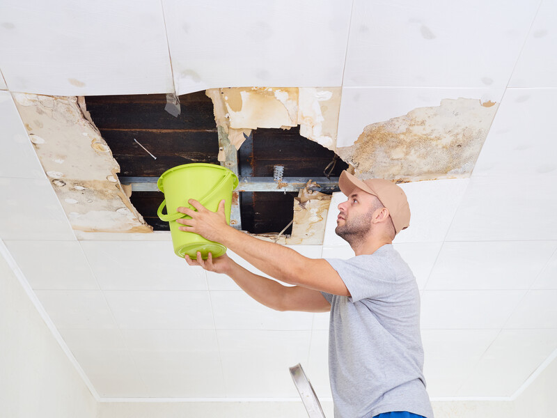 man holding bucket under ceiling leak