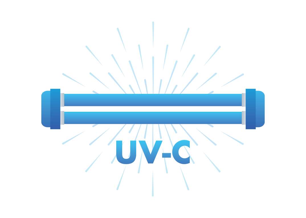 An illustration shows a blue colored likeness of a horizontal and cylindrical shaped ultraviolet light with short lines emanating from it to signify light rays and the word UVC underneath it agains an all white background, UV-C, UV-C light, UV light, UV, ultraviolet light, air purification, purify, purification, clean air, air cleaning, air purifier, HVAC, heating ventilation and air conditioning, heating, heater, home heating, ventilation, air conditioning, air conditioner, AC