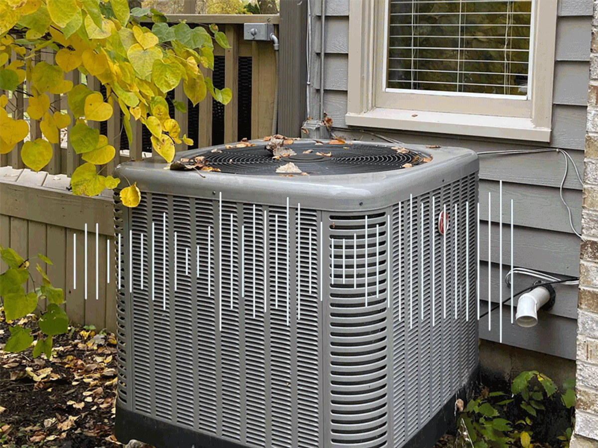 A rheem air conditioning coil sit outside while a visual equalizer moves across the screen to signify sound waves.