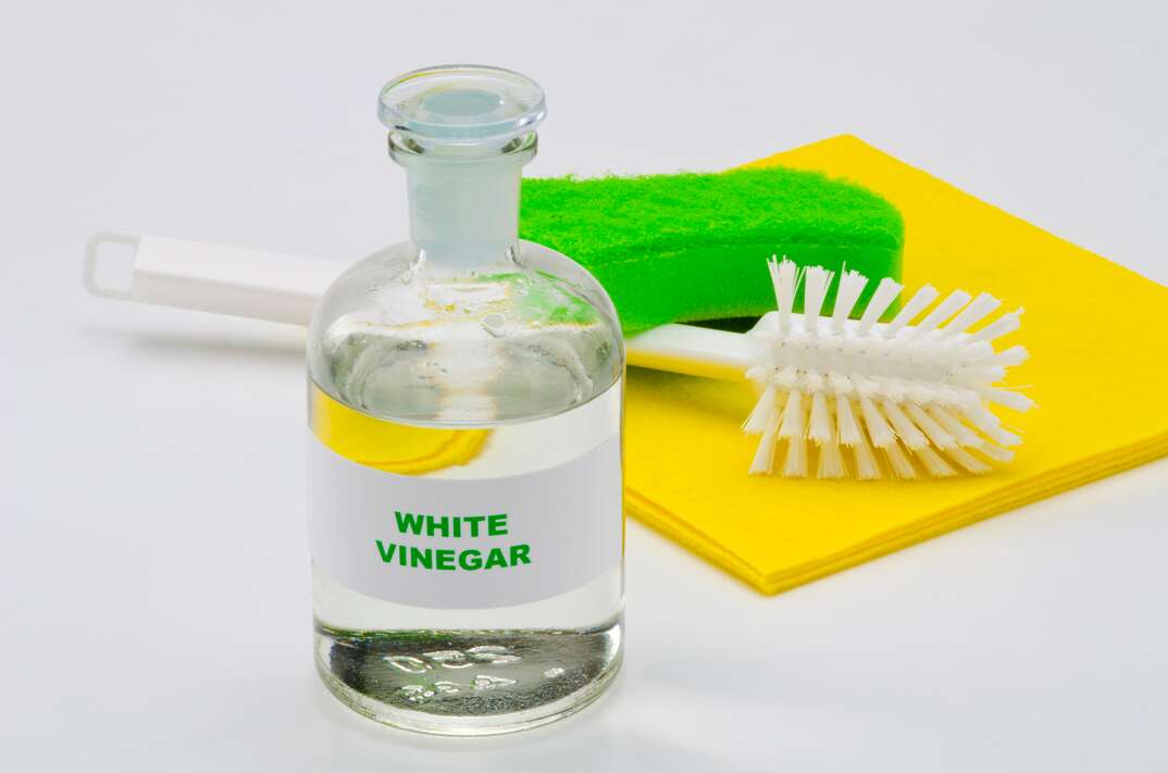 close up shot of a glass bottle of white vinegar and a scrub brush