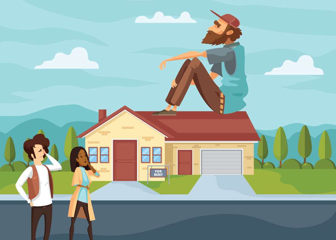 Illustration of two home owners looking surprised at a large shabby person sitting on the roof of a house with a for rent sign outside