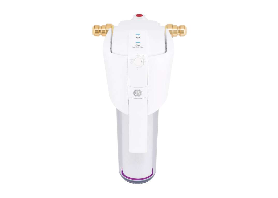 A white GE brand smart water filtration system sits against a white background