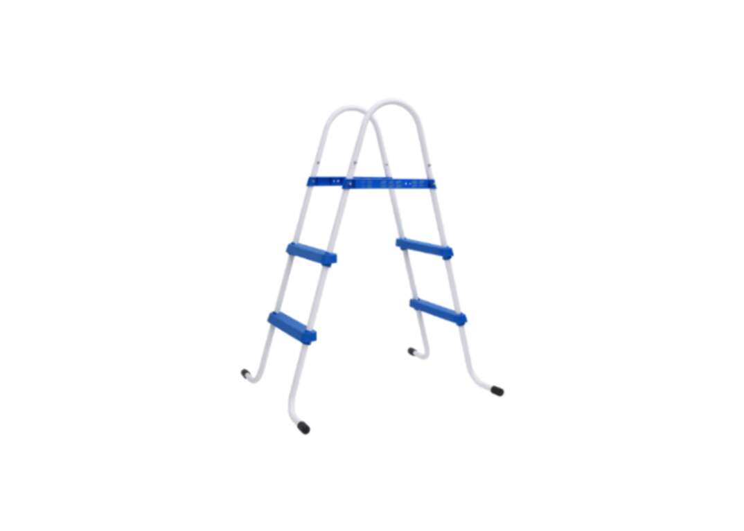 Metal A-frame pool ladder with blue rungs on a white background
