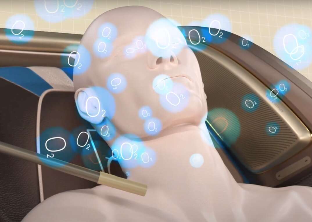 Illustration shows oxygen molecules swirling around the head of a person sitting in a Pharaoh 02 massage chair from manufacturer Bodyfriend