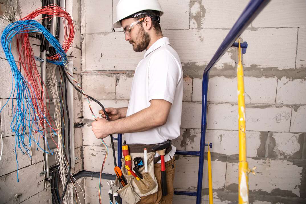 a male electrician in a white shirt and a white heard hat is working on splicing electrical wiring 